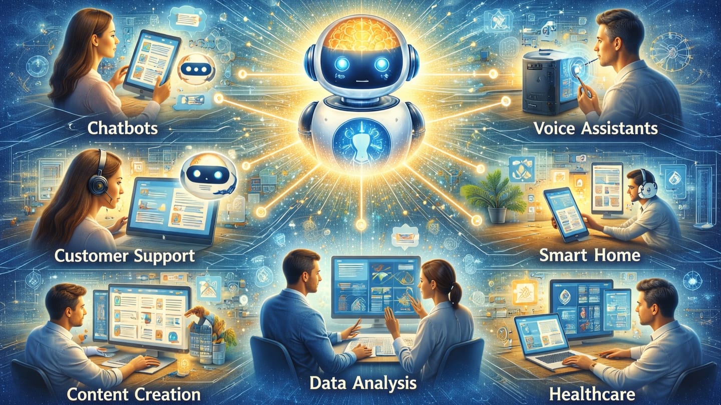 How we interact with AI: chatbots, voice assistants, customer support, smart home, content creation, data analysis, healthcare